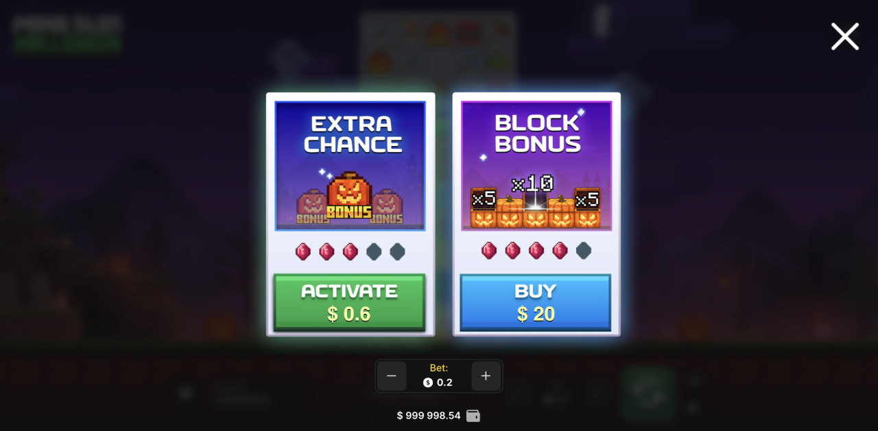 Mine Slot Halloween bonus, huijaus, sovellus ja bonuskoodi – Extra Chance- ja Block Bonus -ikkuna tietokoneella