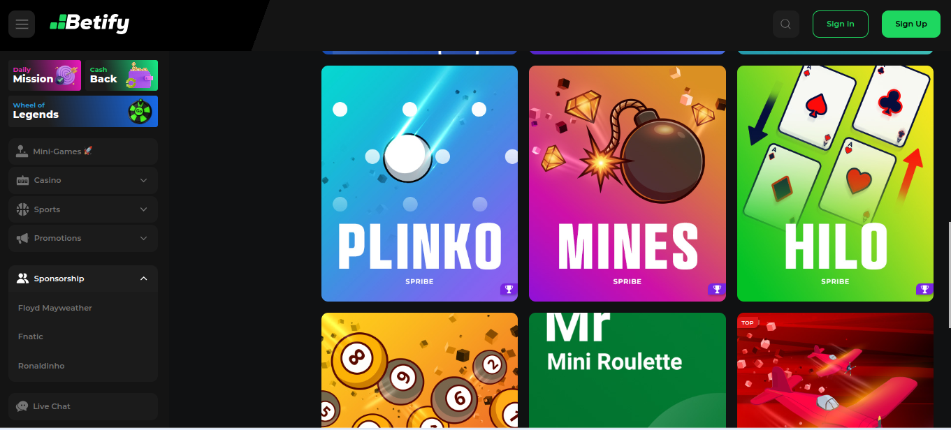 Betify arvostelu: kasino peli bonus ja minipelit Plinko Mines Hilo kuvakaappauksessa